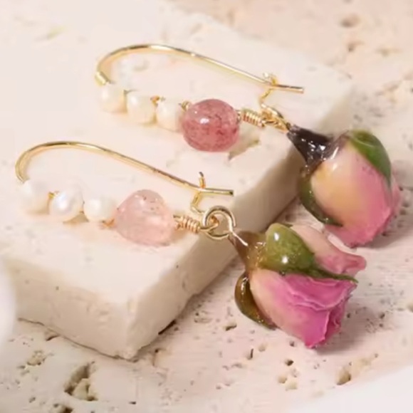 Rosebud Drop Earrings with Pearls & Crystals - Picture 9 of 13